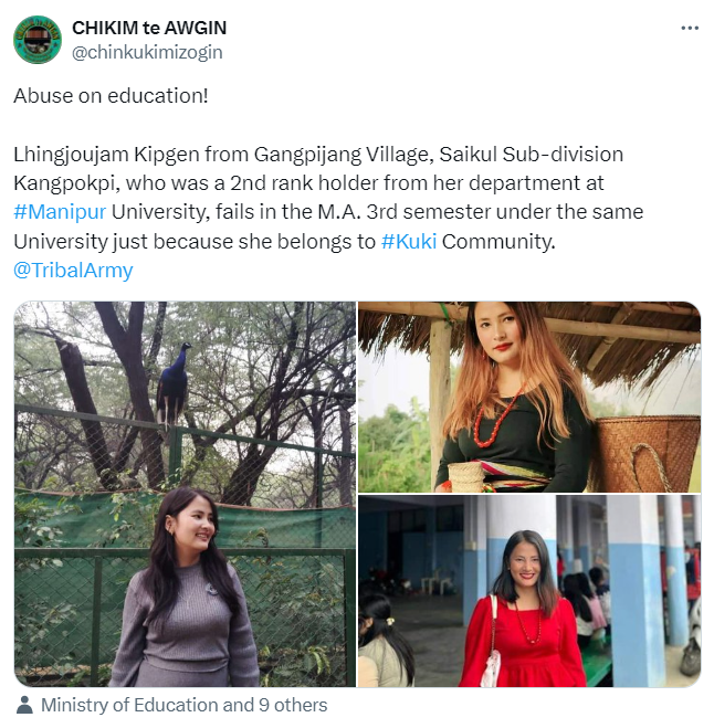 I used to be always the 1st or the 2nd rank holder in my LKG days. Now,in my college days, I am struggling with the subjects. I know for sure that I didn't do anything wrong. This is all because of Kuki-Zo. I am filing a case against the entire Kuki-Zo community for my struggles.