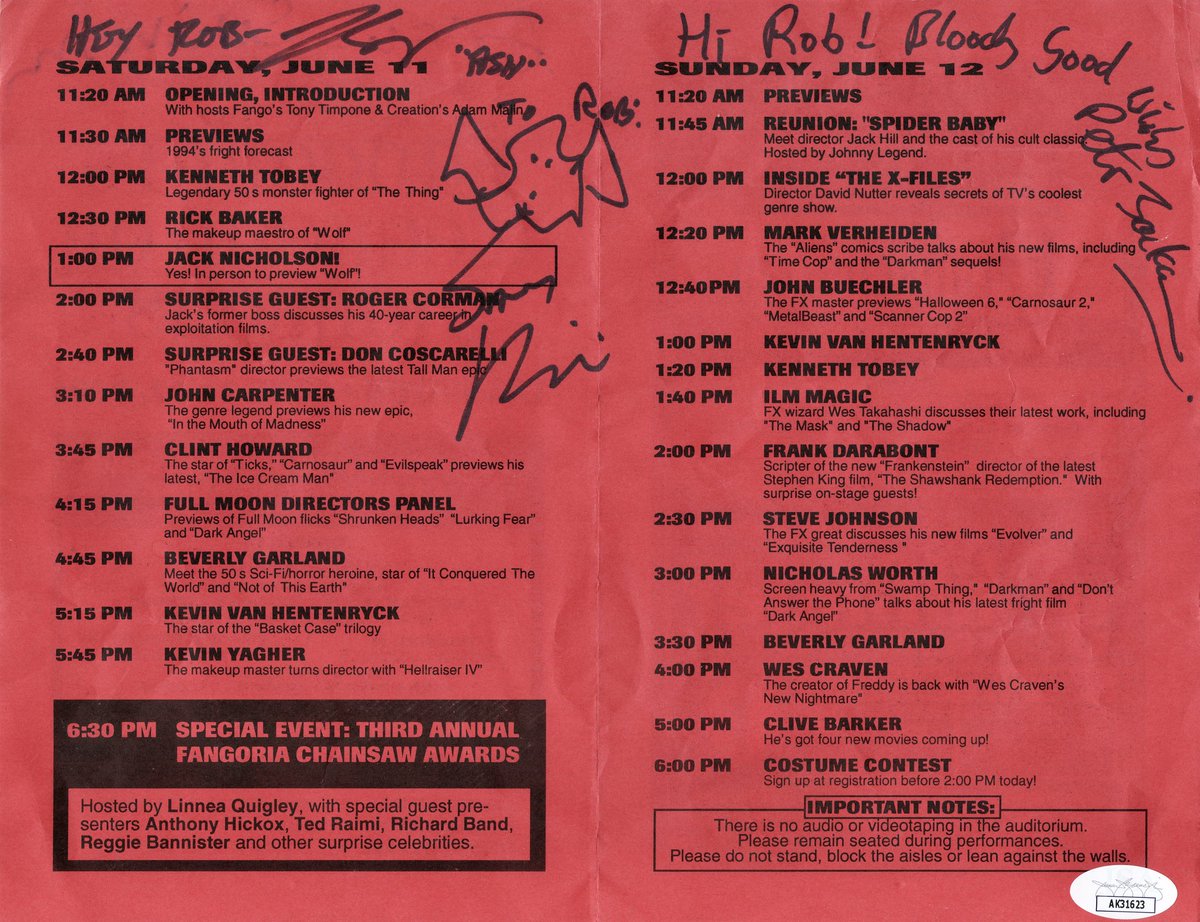staytoonedfolks's tweet photo. Sam Raimiโs #ArmyofDarkness was theatrically released #OTD in 1992.
1994 #WeekendofHorrors and third @FANGORIA Chainsaw Awards schedule, signed by Raimi & Bruce Campbell, is from our collection.
The significance of the signed program is the big awards-winner was Army of Darkness. https://t.co/7naE5y4Mjk