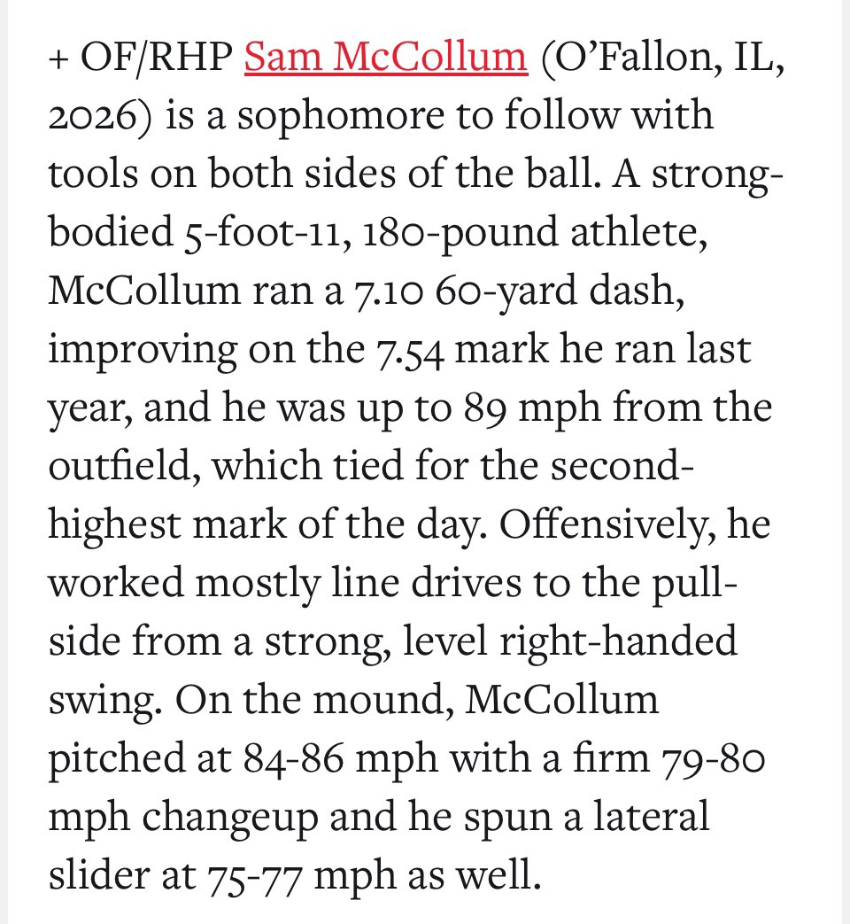 SamMcCollum14's tweet photo. Numbers and write up from GBA scout day with @PBRMissouri. Looking forward to my sophomore season @othsbaseball @GbaDevelopment https://t.co/RwyOp6gDHB