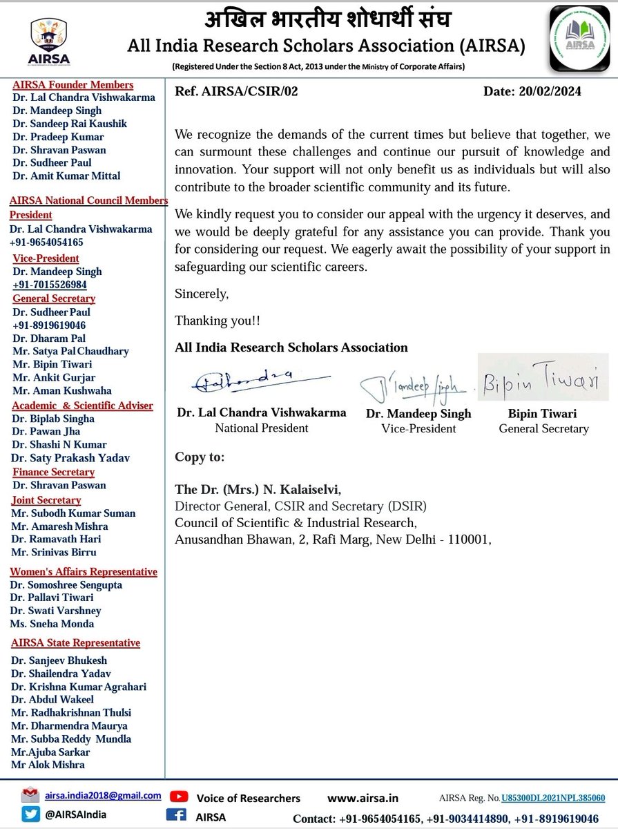 AIRSAIndia's tweet photo. #reactivatefellowship
Qualifying for the CSIR NET JRF exam is tough, especially since this fellowship is vital for Ph.D. pursuits. PhD candidates heavily rely on these fellowships, and termination causes stress, jeopardizing their scientific careers. Urgent support is sought to secure ongoing PhD efforts and ensure continuity @DrJitendraSingh @CSIR_IND @HRDG_CSIR @DrNKalaiselvi @TimesNow @timesofindia @IndianExpress @thewire_in @Xpress_edex