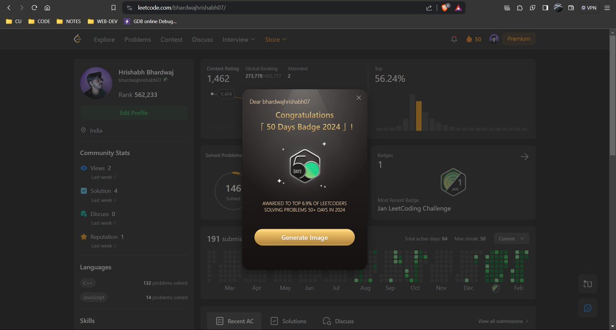 its_hrishabh_'s tweet image. Day 50/100โ
๐Yesterday Completed 50 days of consistent coding, earned Leetcode 50 Days Badge!
๐
Now diving into ReactJS. Super stoked for this next phase!๐ป๐ก
Share your ReactJS insights below! โฌ๏ธ Let's code and grow together!๐ช
#CodingMilestone #Leetcode #ReactJS #code #dsa