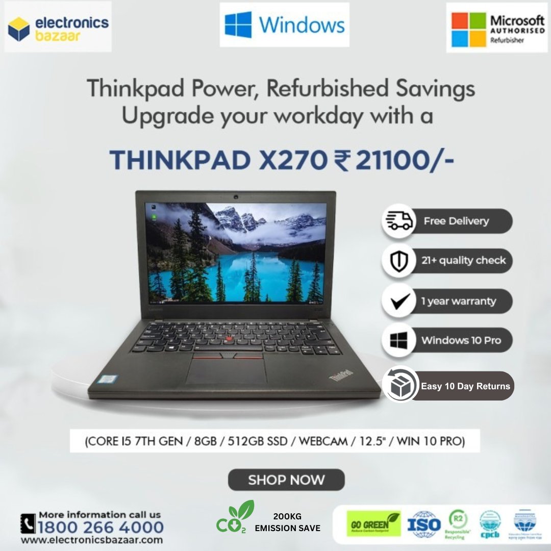 electrosbazaar's tweet photo. #Refurbished power, next-level savings!  Get your hands on a #Thinkpad X270 Core i5 with #FREEdelivery &amp; save up to 60%. Join 5L users &amp; contribute to #sustainability.  200kg #CO2 emission saved + 1 yr #warranty!  #Shopnow: https://t.co/ZOSCvvGWS5 
#ecofriendly #windows10pro https://t.co/M11XldzdPd