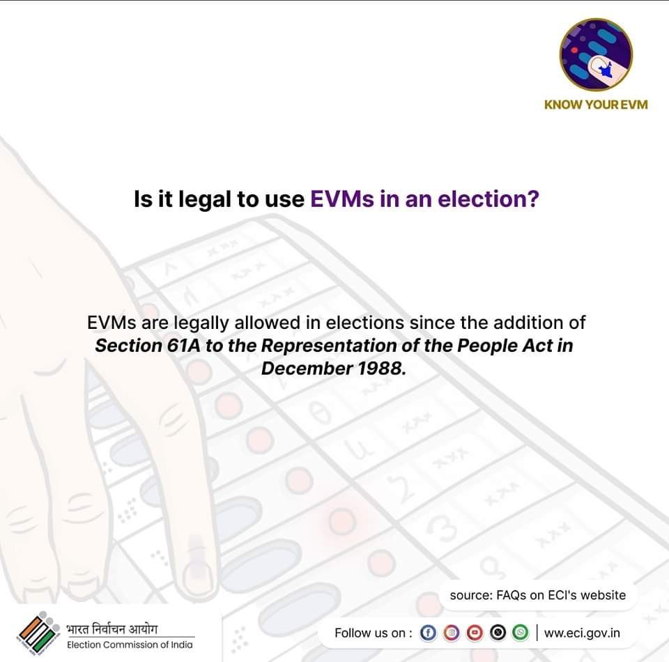 PauriSveep66373's tweet image. Know about your #EVM
EVM or Electronic Voting Machine ensures #quick and #error_free vote counting. 
Stay tuned for more FAQs! 
#EVM
#CEO
#ECI 
#Elections2024 
#ChunavKaParv, #DeshKaGarv
@ECISVEEP