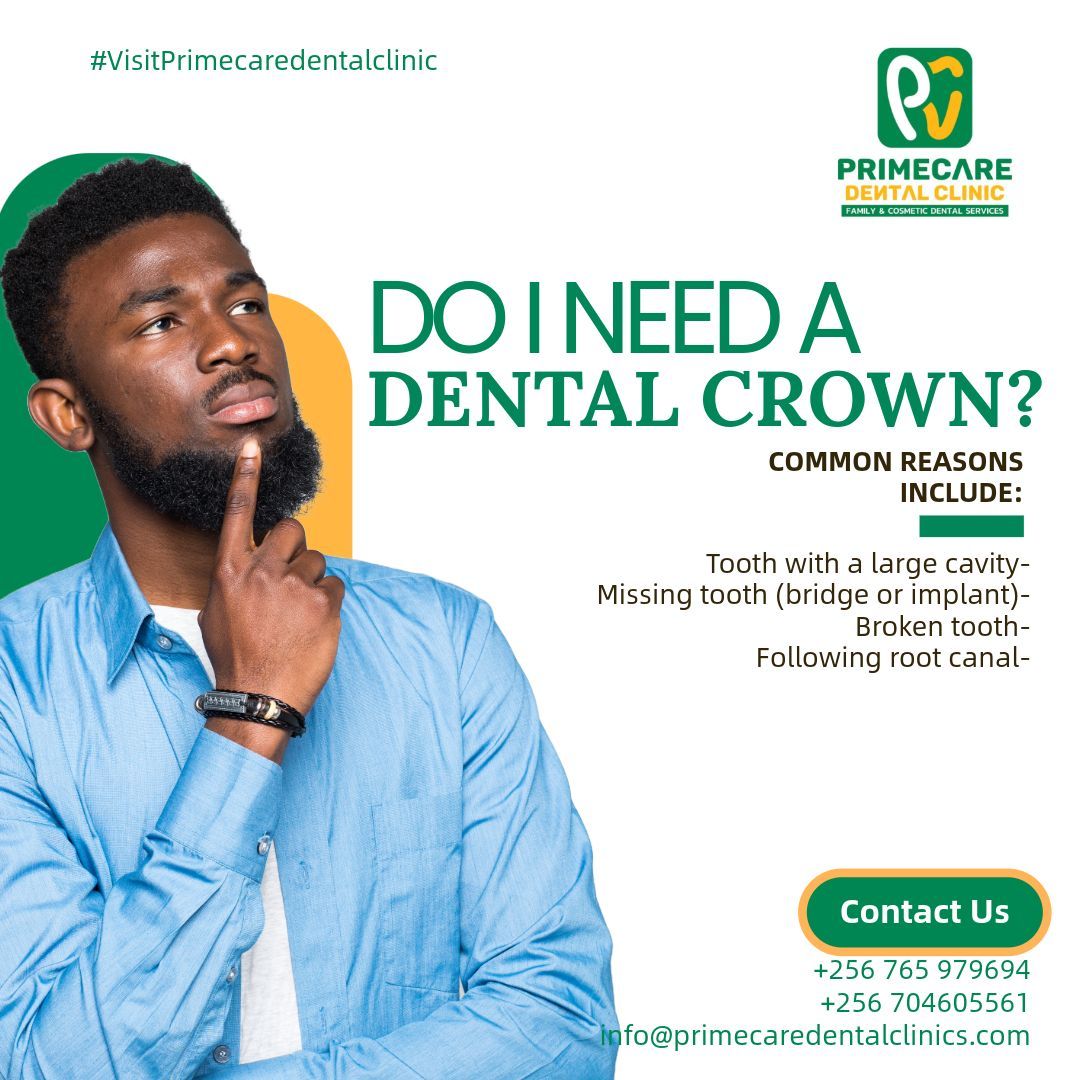 PRIMECARE_UG's tweet photo. Dental crowns provide protection for teeth that are fractured, harmed, or absent. Schedule a dental examination appointment with us today or visit our clinic as a walk-in patient. #Dentalcaps #Primecare https://t.co/XkmXYom3Ky