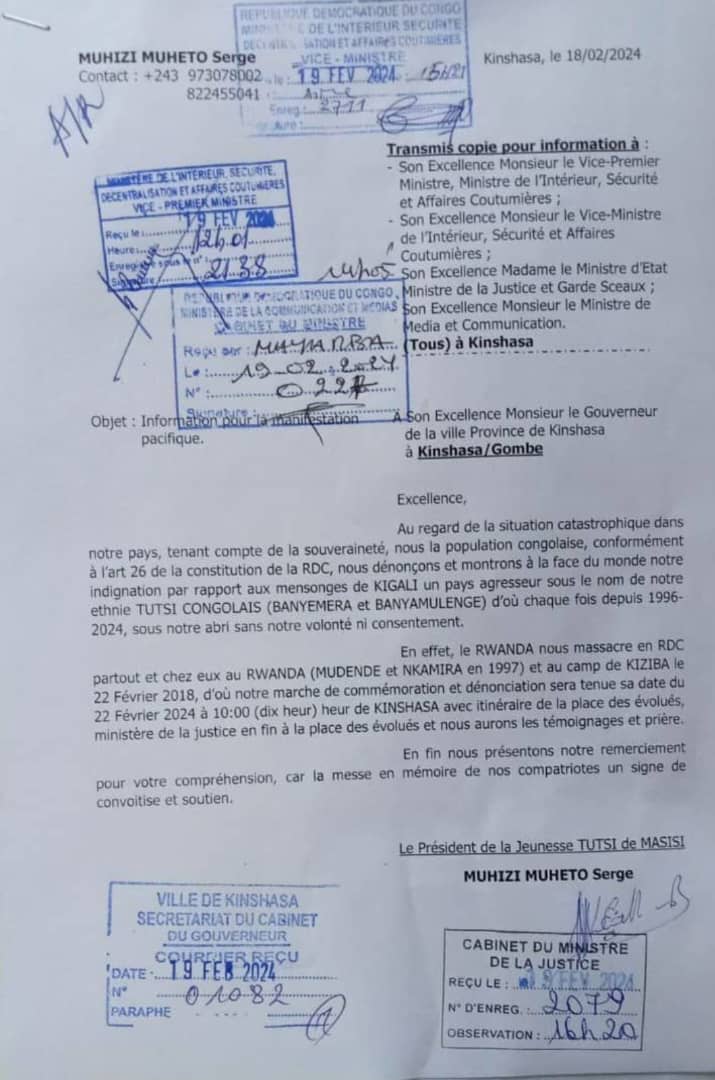Marche pacifique de la jeunesse Tutsi de la RDC ce 22/02/2024 pour exprimer son indignation contre les mensonges de Kigali pays agresseur de la RDC qui se cache derrière l'ethnie TUTSI pr commettre des massacres "génocide" en RDC.
A lire dans ce communiqué👇.