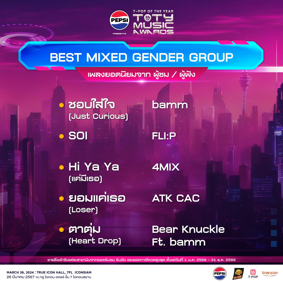 StageTpop's tweet image. PEPSI presents TOTY Music Awards

🏆 MUSIC OF THE YEAR [Popular] 🏆
รายชื่อเพลง / ศิลปินยอดนิยม ที่มีผู้ชมผู้ฟังมากที่สุดในปี 2023
*** รายชื่อเข้าชิงแต่ละสาขานับจากยอดรับชม รับฟัง และยอดการโหวตสูงสุดในปี 2565 ตั้งแต่วันที่ 1 ม.ค. - 31 ธ.ค. 2566