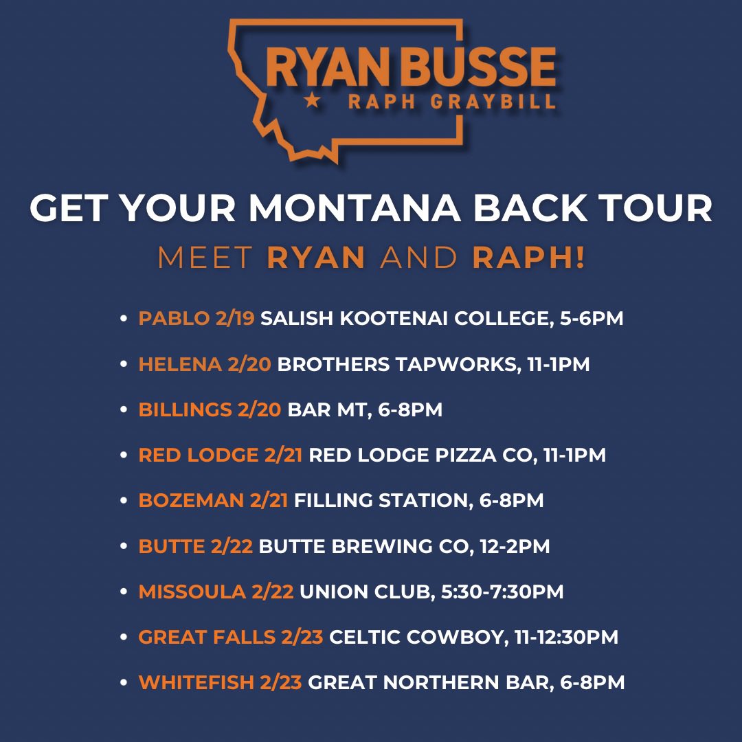 raphgraybill's tweet image. I’m thrilled to be running for Lt. Governor with @ryandbusse! 
Follow along for updates as we campaign across Montana this week. Will I see you on the road? #GetYourMontanaBack