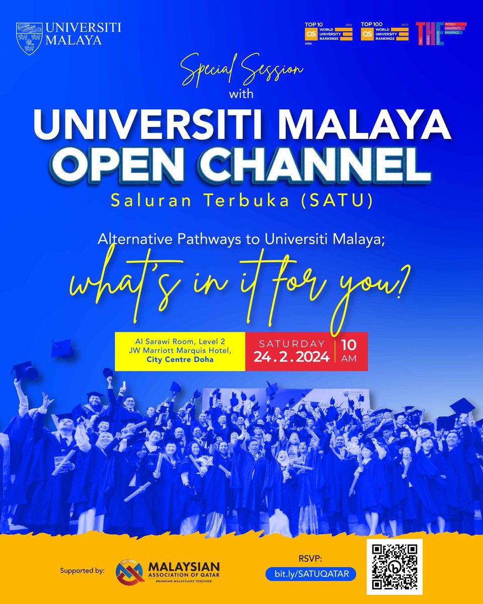 Meet Universiti Malaya at the Education Malaysia Fair 2024 in Qatar! Join us at Marriot Marquis Hotel, City Centre Doha, on February 23-24 from 4:00 PM – 9:00 PM. Explore 200+ academic programs and secure on-the-spot offer letters! Pre-Register NOW at bit.ly/UMQATAR