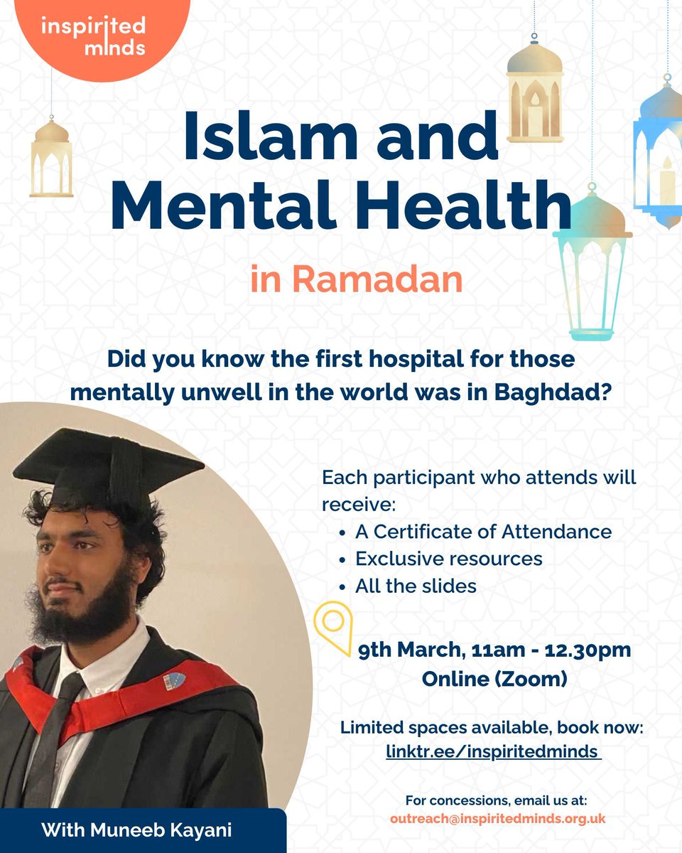🌙 We're bringing you an exclusive Masterclass just before #Ramadan that will explore the definition/history of mental health in Islam + understand the stigma, common myths and language around mental health + Look into Islamic Psychology #InspiritedMinds #MuslimMentalHealth