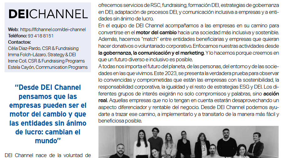 Corresponsables's tweet photo. .@lfchannel nace de la voluntad de trabajar para una #sociedad más justa, diversa y #sostenible, ofreciendo servicios de #RSC, estrategias de gobernanza y #comunicación #inclusiva a empresas y a #ONGs. En el #AnuarioCorresponsables2023 👉 https://t.co/XMQAwWqxsf https://t.co/8ZAPdrx5Xk