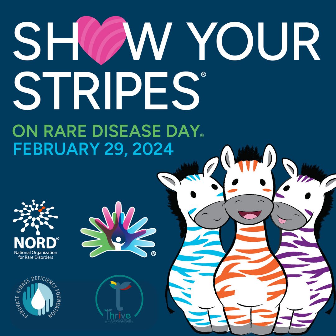 The zebra is the mascot for rare disease patients because, in medicine, zebras represent uncommon answers. On February 29, #RareDiseaseDay, post a selfie with the hashtag #ShowYourStripes to share your rare story with others! #PKdeficiency #rareanemia #pyruvatekinasedeficiency