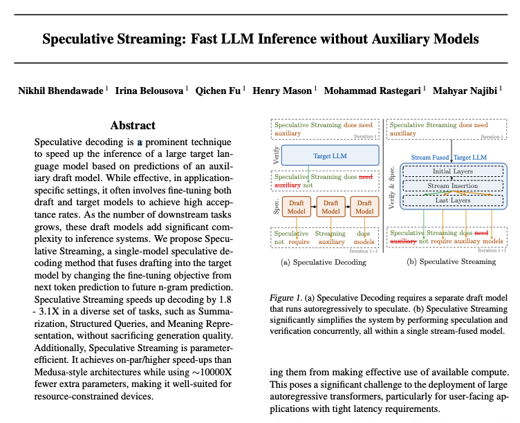 Apple presents Speculative Streaming

Fast LLM Inference without Auxiliary Models

Speculative decoding is a prominent technique to speed up the inference of a large target language model based on predictions of an auxiliary draft model. While effective, in application-specific