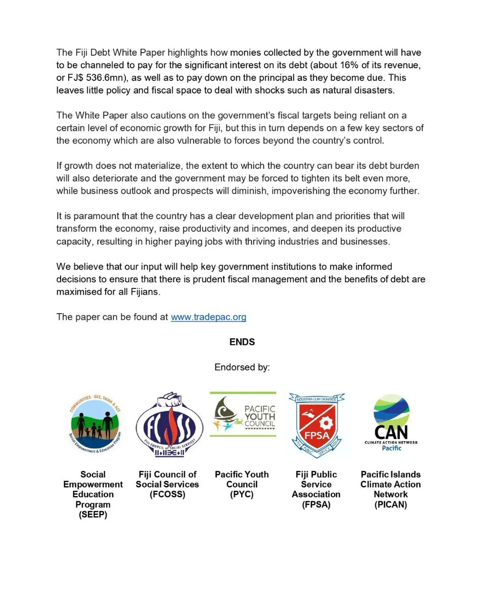 pangmedia's tweet photo. ‼️📢MEDIA STATEMENT📢‼️

PANG,@3rdworldnetwork,  and national civil groups, call for joint collaboration on managing Fiji National Debt levels.

The Fiji Debt White Paper can be found here: https://t.co/cEmUaCMLuJ

@SEEP_Fiji @FijiCouncil @pyccomms @CANPacificIs  &amp; FPSA https://t.co/DIf17uRlYQ