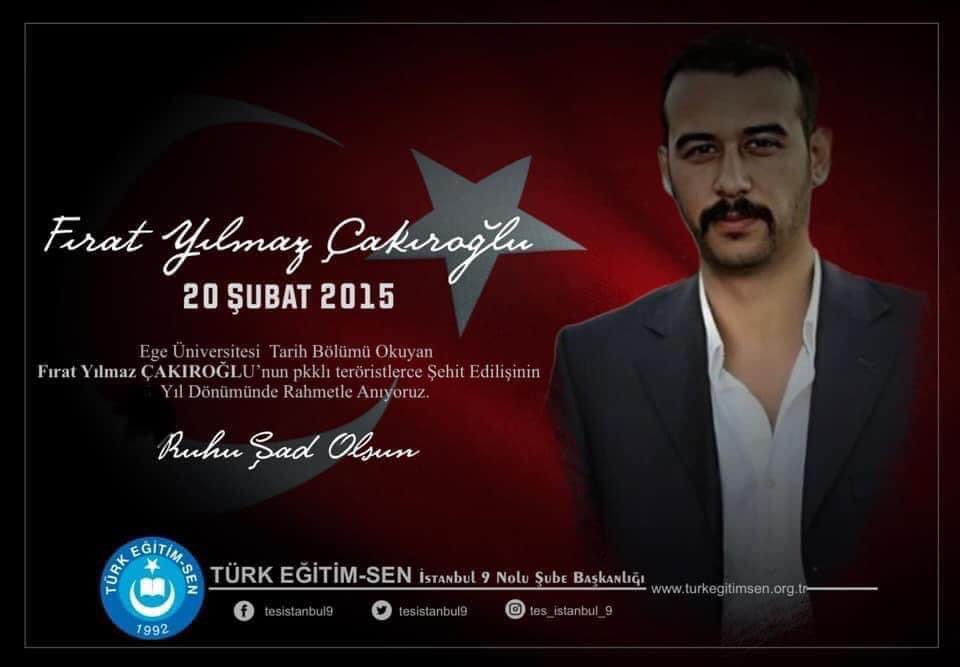 Ege Üniversitesinde Tarih Öğretmenliği eğitimini sürdürürken 20 Şubat 2015 günü pkklı teröristler tarafından şehit edilen #FıratYılmazÇAKIROĞLU’nu rahmet ve minnetle anıyoruz.
#şehitlerölmezvatanbölünmez