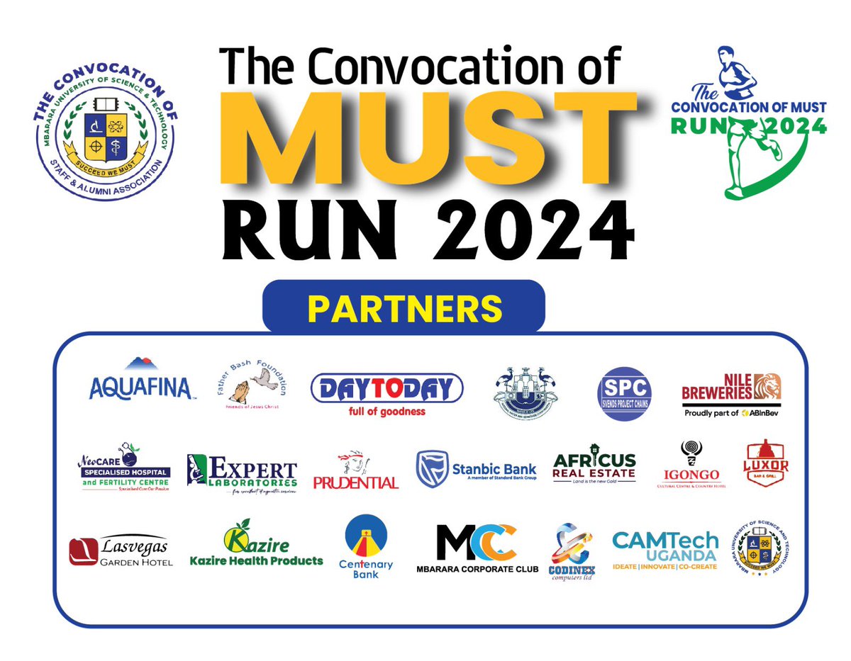 alumni_MUST's tweet photo. Official partners of the upcoming #MUSTConvocationRun 🏃‍♀️2024. 
It’s not too late for you to join us as well @Airtel_Ug, @mtnug , and many more. https://t.co/bbLWxNFEj1
