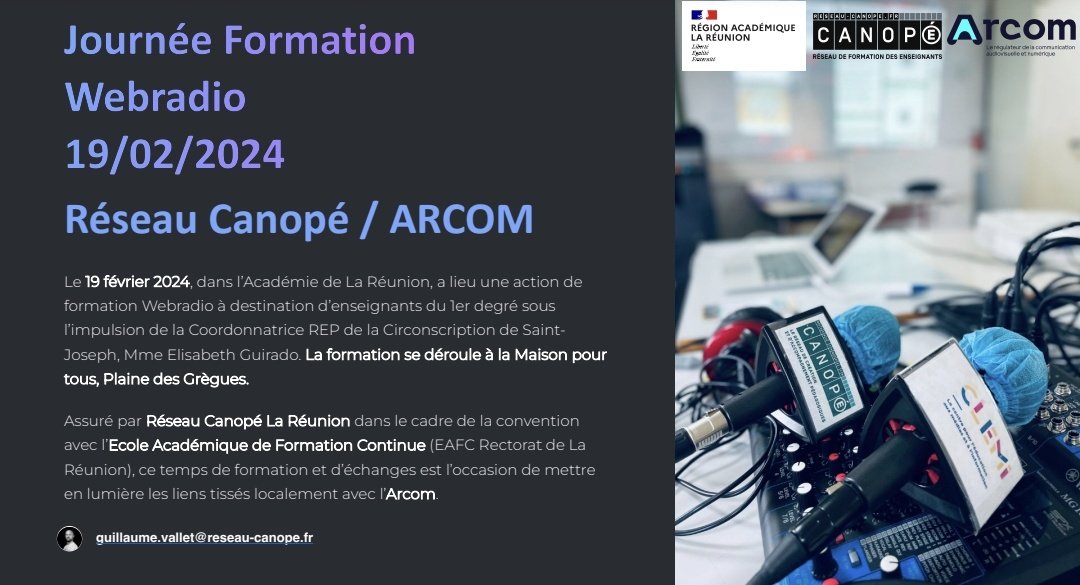 Un grand 🙏 @Arcom_ReunionYt pr le partage et les pistes de collaboration ouvertes lors de la formation #webradio à la Plaine des Grègues 🎛 Prise en main technique ✏️ Écriture radiophonique 🎤 Mise en pratique avec 2️⃣7️⃣ élèves 🤝 Rencontre avec les professionnels de proximité