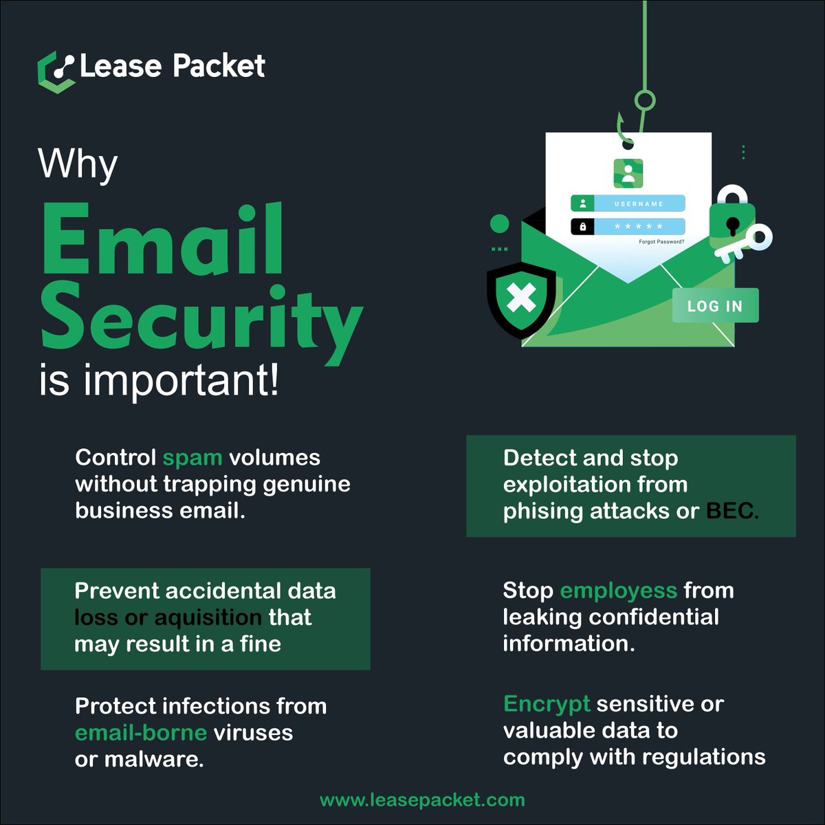 Why is Email Security Important: Protect your communications with Lease Packet's secure email solutions. Don't let cyber threats compromise your data.
#leasepacket #email #emailsecurity #mailsecurity #serversecurity #sever #emailhacking  #emailserver #mailserver #serversecurity