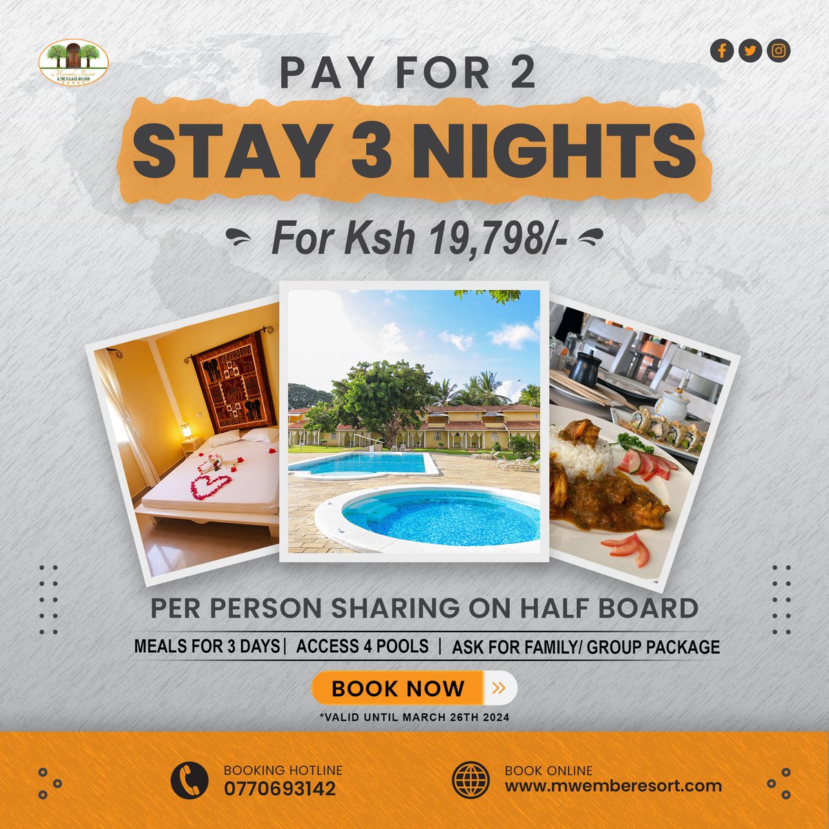 Pay for 2 NIGHTS, STAY 3 NIGHTS for Ksh 19,978/- Per Person sharing on Half-Board! Don't miss out on our exclusive Holiday deals. Book now and make your getaway dreams a reality! 🏝️

#HolidayGetaway #acommodation #swimming #adventure #travel #Weekend #vacation #WhatsApp Malindi