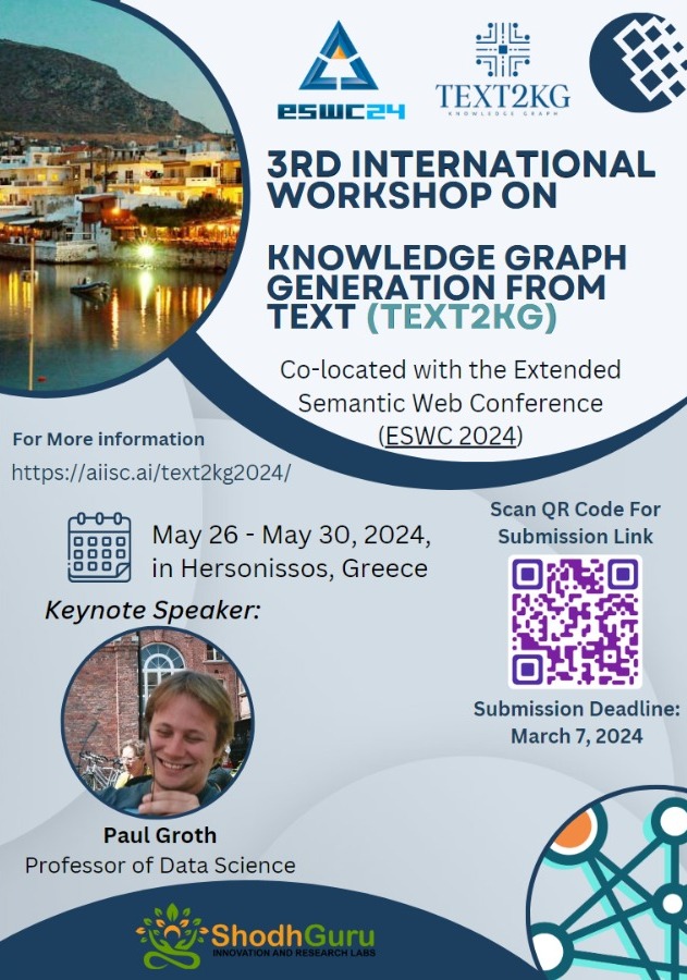 mishra_sanju14's tweet image. It is a great pleasure to share TEXT2KG-2024@ESWC-2024 workshop Keynote Speaker, Prof Dr. @pgroth  Groth.

Kindly submit your potential work in this workshop.
Workshop Link: lnkd.in/gHkptvXQ
Submission: lnkd.in/gN2AFgqZ
Paper submissions due: March 7, 2024