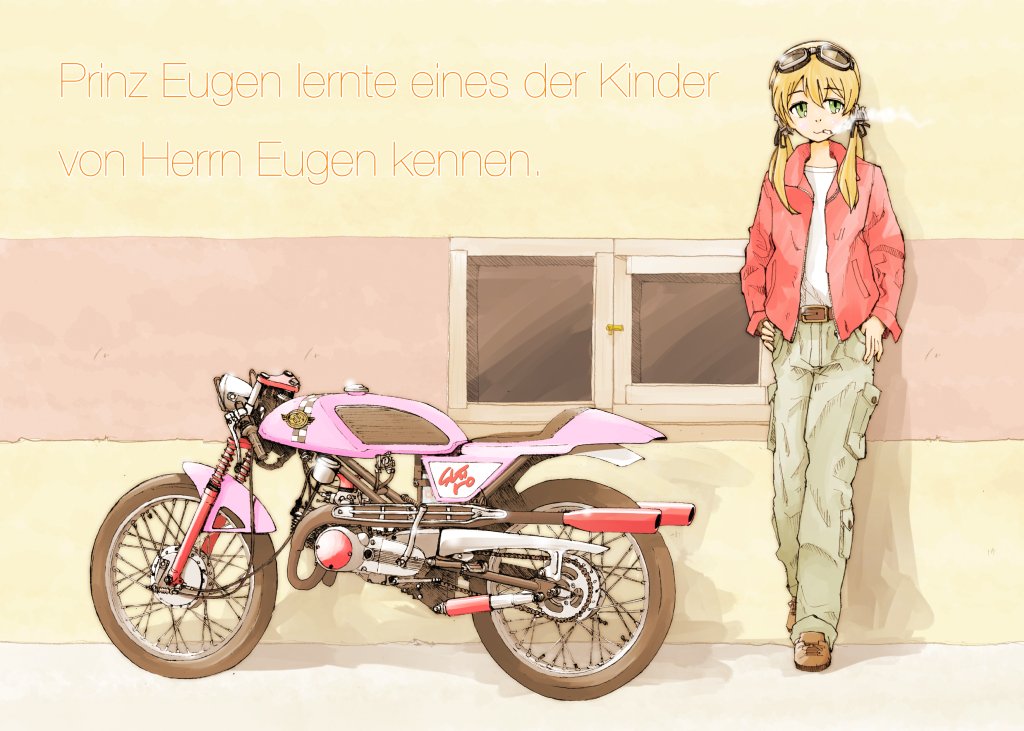 prinz eugen (kancolle) 1girl ground vehicle motor vehicle blonde hair solo pants motorcycle  illustration images