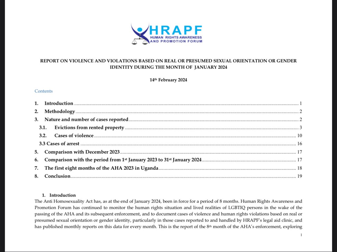 #HRAPFpublication 🧵 HRAPF's January 2024 report of violence and violations against LGBT+ persons since the #AHA23 came into force. The report indicates an increase in number of cases reported Link to report➡️ hrapf.org/?mdocs-file=11…