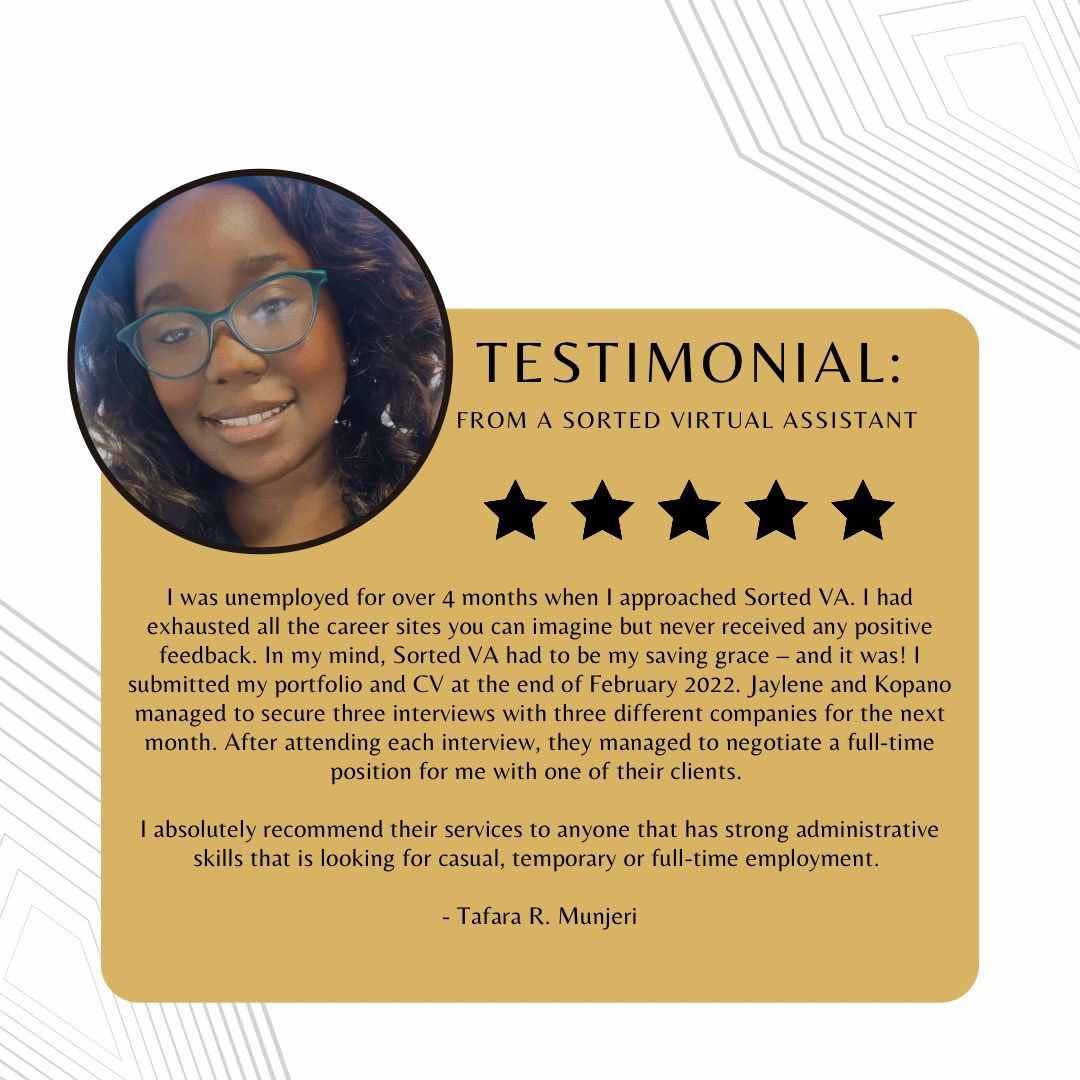 sorted_va's tweet photo. A testimonial from one of our top performing VA’s who managed to get a permanent position and full-time employment 🥹💛  Getting our clients Sorted one task at a time 👩🏽‍💻 

• • • 

#smallbusiness #virtualassistant #virtuassistantbusiness #southafrica https://t.co/TynmAxuh4r