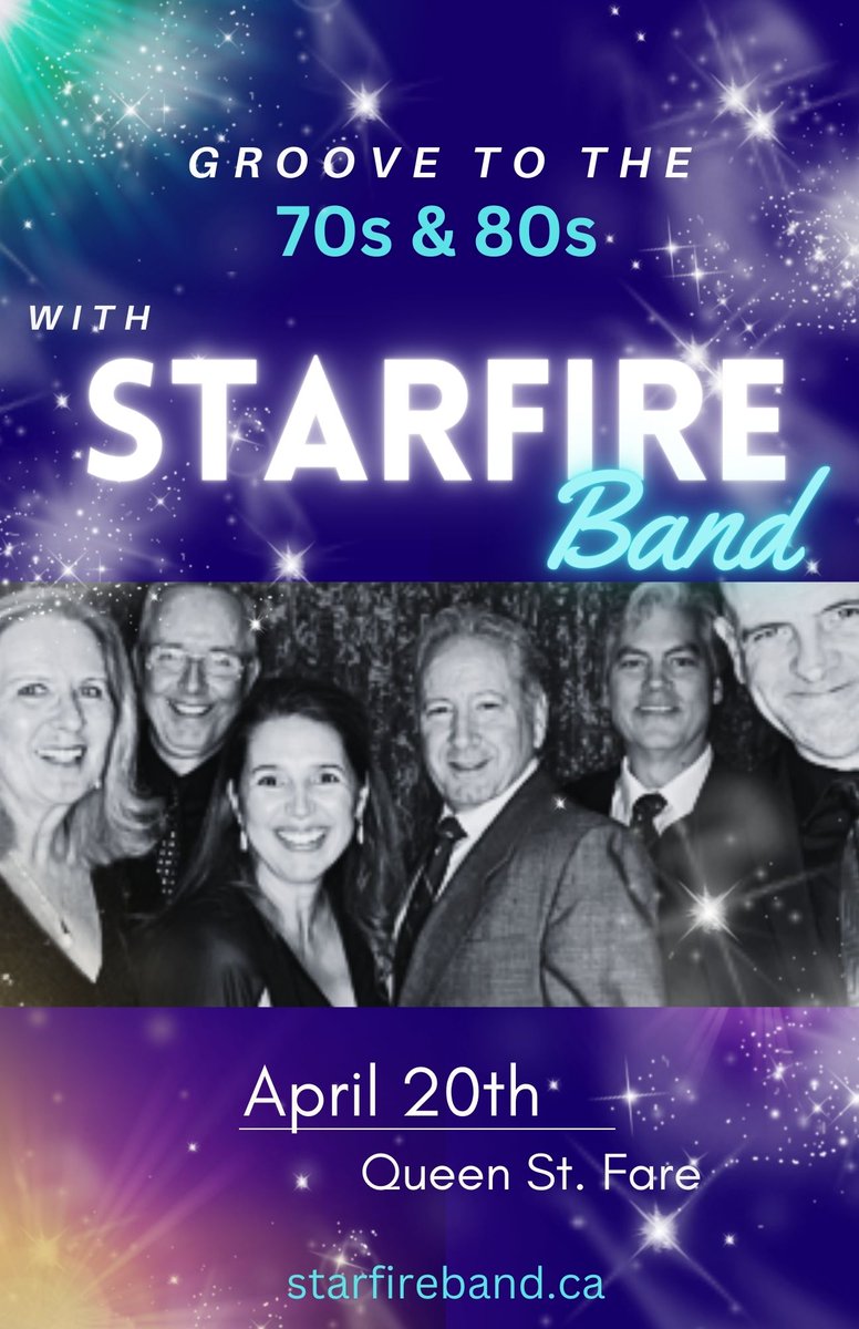Starfireband's tweet photo. Starfire is thrilled to be performing at Queen Street Fare on Saturday, April 20th where we’ll focus on a Disco and 80’s retro theme! We’ll be at the Robo Bar at 170 Queen Street. - We hope to see you there! https://t.co/9y5U2cLnP1
