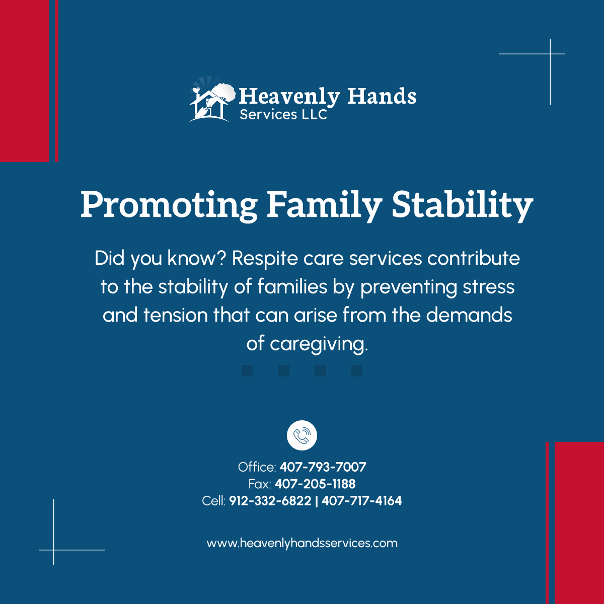 Respite care plays a pivotal role in promoting family stability by offering caregivers the essential breaks they need to maintain their physical and emotional well-being. 

#OrlandoFlorida #DidYouKnow #RespiteCare #FamilyStability