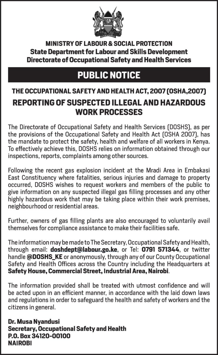 Public Notice on Reporting of suspected #illegal and #hazardous work processes.

#Safework
#HealthyWorker
#ChemicalSafety
#OilandGasSafety
#OshConference2024
#LeveragingTechnology
#WorkplaceSafety.