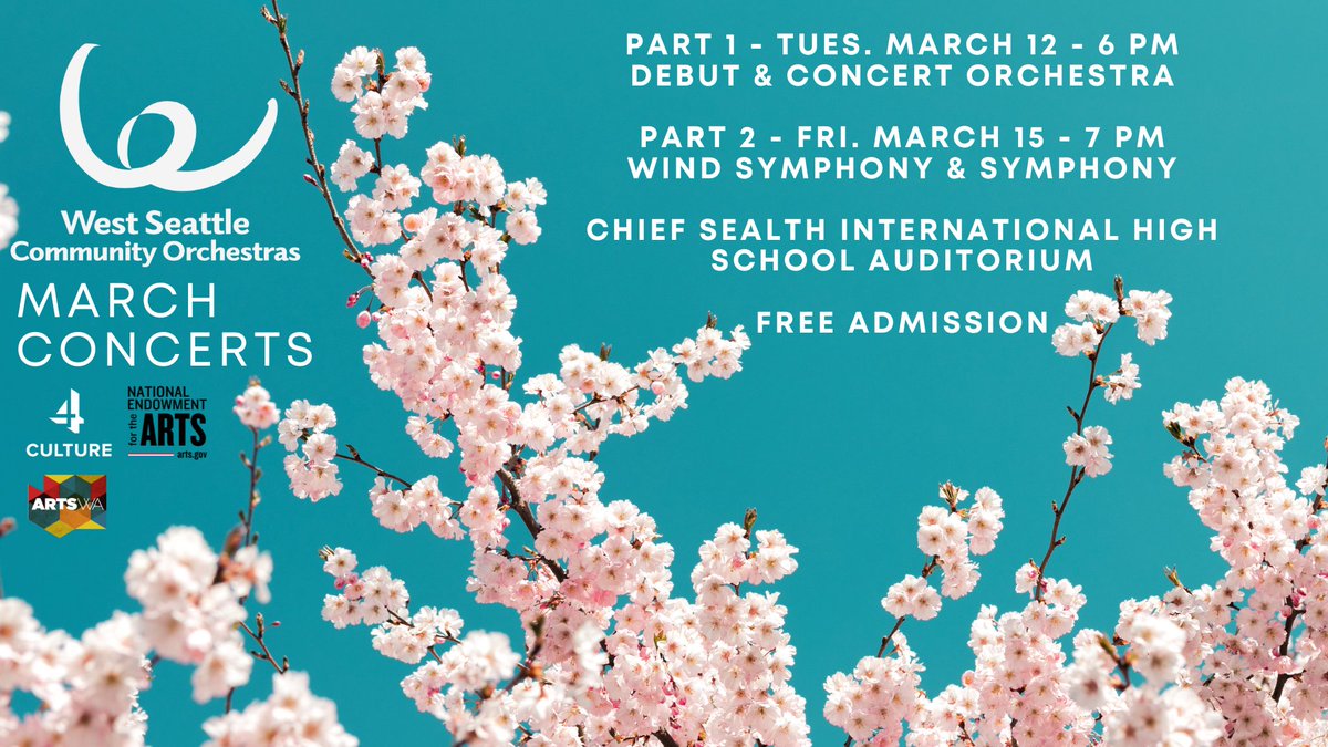 WSCOrchestras's tweet photo. WSCO - Free March Concerts! 
Part 1 - Mar 12, 6 pm-7 pm  
@ Chief Sealth International High School
Join us for a free night of music and community presented by the Debut and Concert ensembles of West Seattle Community Orchestras, with music by Offenbach, Beethoven, and Berstein. https://t.co/t8PiQdaSi3