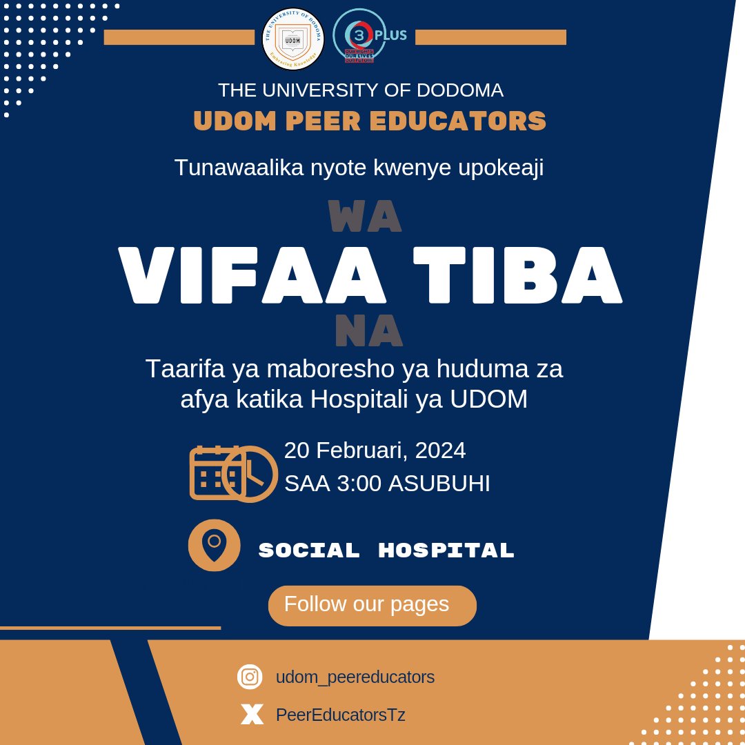 PeerEducatorsTz's tweet photo. Kwa namna ya pekee utawala wa Hospitali ya UDOM inawaalika kwenye hafla fupi ya makabidhiano ya vifaa tiba kutoka kwa taasisi ya Alnmaa na African Releaf and Community development
@udomtheofficial
@udom_public_hdp
@tamsa_udom
@udomhealthclub https://t.co/MwkA46D58t