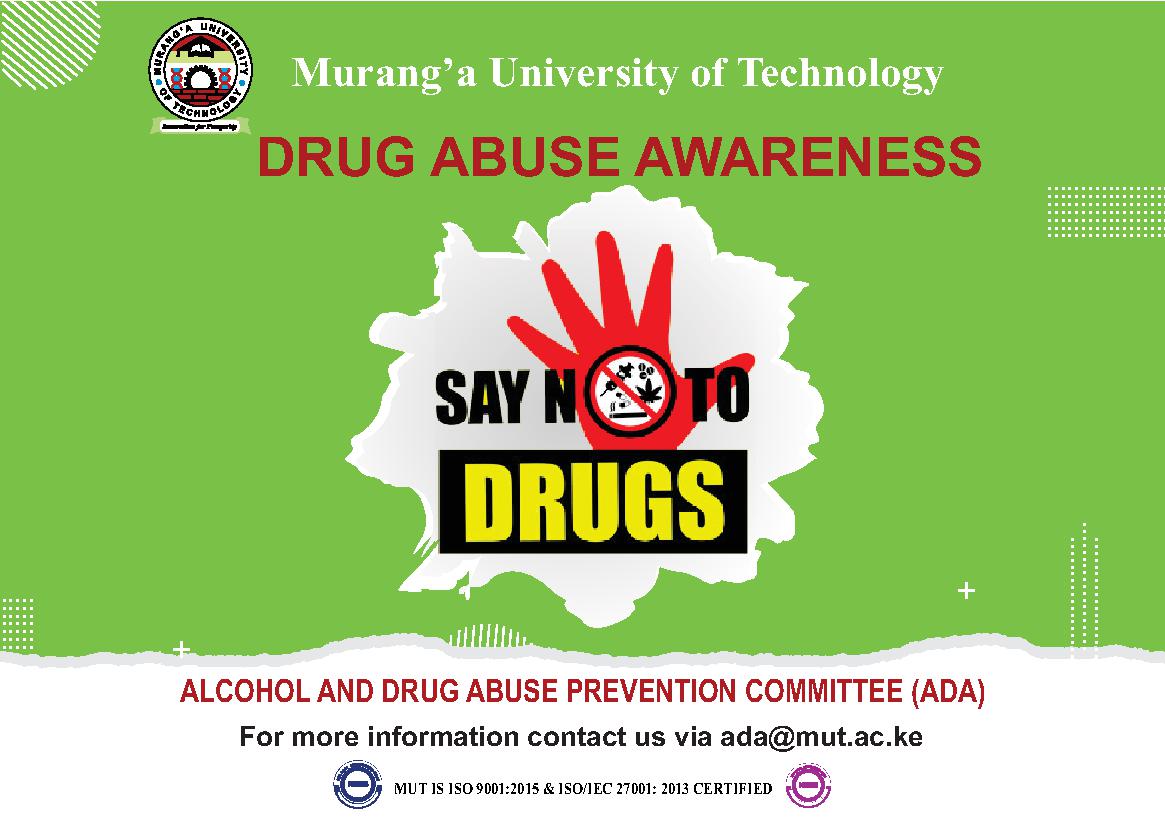 Alcohol, Drug and substance abuse negatively affects the health, safety and productivity of an individual.
'Say no to drugs'
#MUTada  #Drugfreeworkplaces, #preventionworks, #KEPreventionweek #MUTdrugfreezone