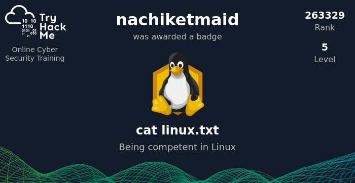 nachiket_maid's tweet image. I&apos;ve earned the cat linux.txt Badge on TryHackMe for Being competent in Linux tryhackme.com/nachiketmaid/b… #tryhackme via @realtryhackme #hacking #Presecurity #Security #CyberSecurity
