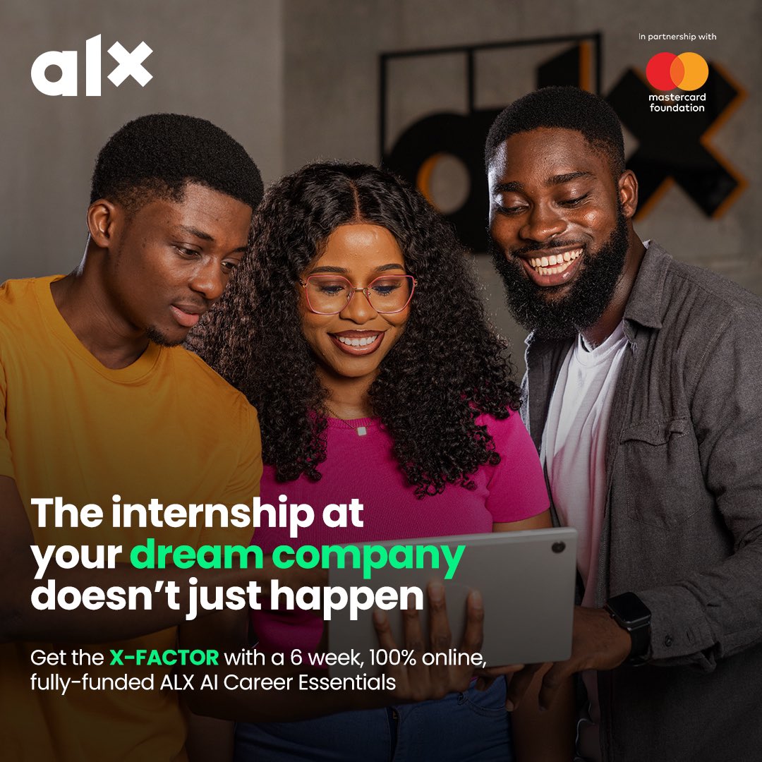The artificial intelligence course from ALX is FREE for those aged 18-34 because Mastercard has generously decided to bear the cost. Just register here bit.ly/ALXApplication…

It’s an online course that will equip you with an employable skill after 6 weeks.

ALL YOU NEED IS DATA