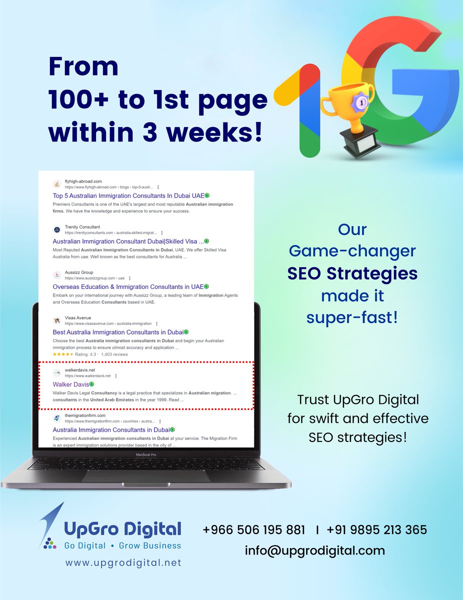 Elevate your Google ranking and sales with our lightning-fast 'Holistic and Advanced SEO strategies.' 

Contact us now! 🚀
🌐upgrodigital.net
✉️info@upgrodigital.com
📞+966 50 619 5881
#whyupgrodigital #upgrodigital #upgrosuccessstories #googlefirstpage #seo #advancedseo