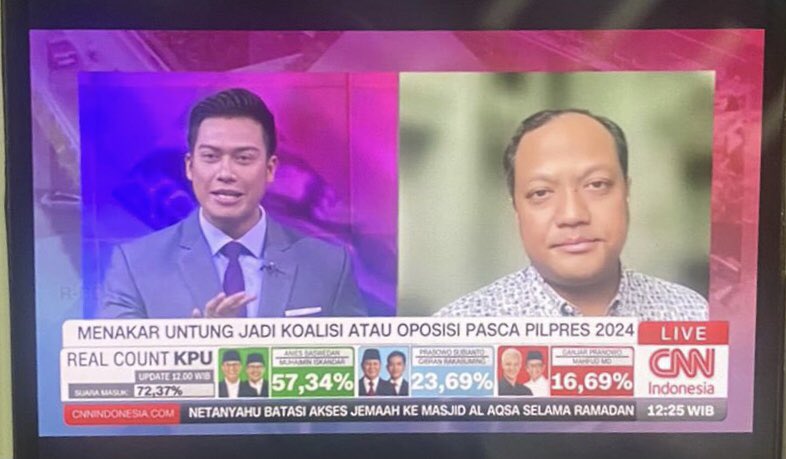 [CNN 12:25 WIB]

Selasa 20 Februari 2024
Update 12:00 WIB
Suara masuk 72,37% 🔥

01 ~ 57,34% ✨✨✨
02 ~ 23,69%
03 ~ 16,69%