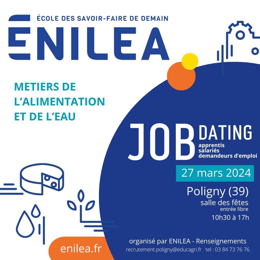 ENILEA Mamirolle-Poligny organise un Job Dating des Métiers de l'alimentation et de l'eau le mercredi 27 mars 2024 de 10h30 à 17h à la salle des fêtes de Poligny (39). Une trentaine d'entreprises ont d'ores et déjà répondu présentes avec plus de 250 offres !