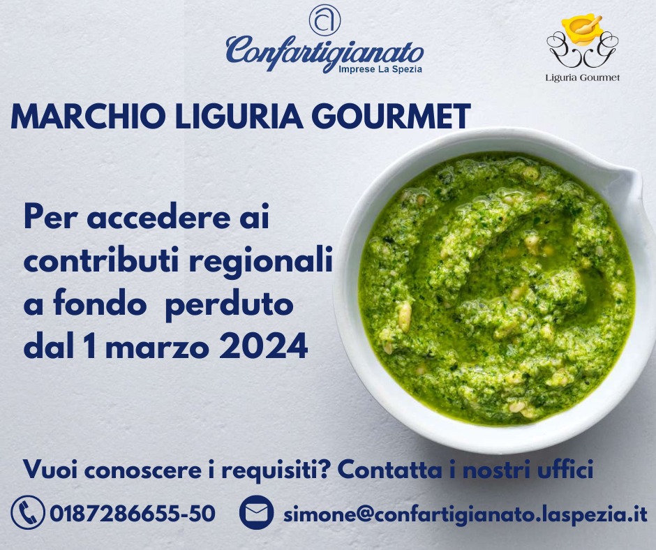 𝑴𝑨𝑹𝑪𝑯𝑰𝑶 𝑳𝑰𝑮𝑼𝑹𝑰𝑨 𝑮𝑶𝑼𝑹𝑴𝑬𝑻
Dal 1 Marzo potrai accedere al bando per ottenere #contributi a fondo perduto? Se hai un #ristorante ti basterà ottenere il marchio "𝐋𝐈𝐆𝐔𝐑𝐈𝐀 𝐆𝐎𝐔𝐑𝐌𝐄𝐓" per avere i requisiti , info 0187286655-50