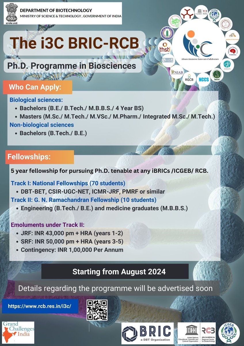 The details of eligibility and types of fellowships for 'The i3C BRIC-RCB Ph.D. Programme in Biosciences' are announced! Please refer to the poster for details. @DBTIndia @IndiaBioscience @biopatrika