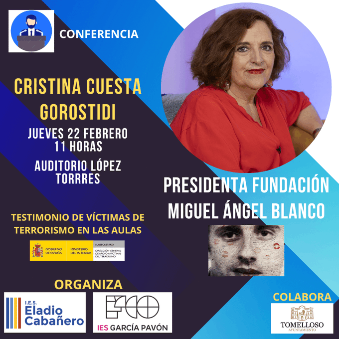 Fundación Miguel Angel Blanco (@fundmablanco) on Twitter photo Cristina Cuesta, directora de la <a href="/FundMABlanco/">Fundación Miguel Angel Blanco</a> y víctima del terrorismo, tendrá un encuentro con alumnos de Secundaria de dos centros de #Tomelloso: <a href="/iesgarciapavon/">IES F. GARCÍA PAVÓN</a> y <a href="/IESEladio/">IES Eladio Cabañero</a>.
Gracias por la oportunidad.
#Testimoniovíctimasterrorismo Cristina Cuesta, directora de la <a href="/FundMABlanco/">Fundación Miguel Angel Blanco</a> y víctima del terrorismo, tendrá un encuentro con alumnos de Secundaria de dos centros de #Tomelloso: <a href="/iesgarciapavon/">IES F. GARCÍA PAVÓN</a> y <a href="/IESEladio/">IES Eladio Cabañero</a>.
Gracias por la oportunidad.
#Testimoniovíctimasterrorismo