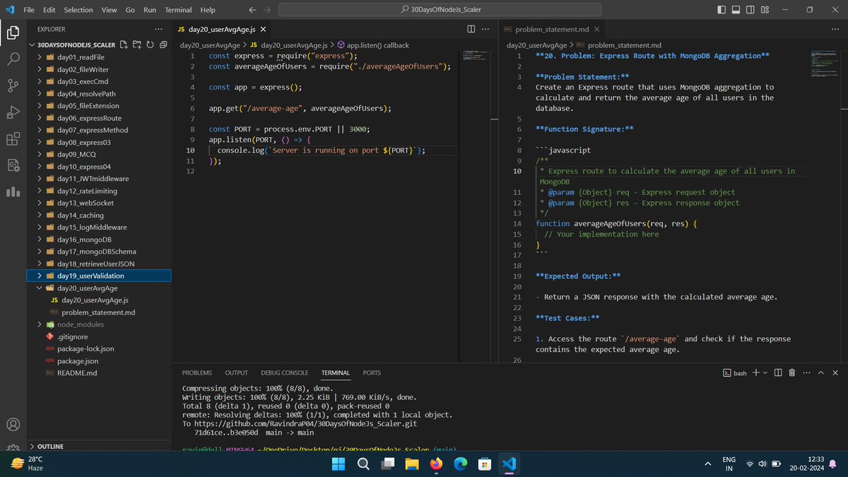 ravindraP04's tweet photo. Excited to announce the completion of Day 20 in the #30DaysOfNodejs challenge on Scaler Discord! Join the community for this and more challenges: https://t.co/bzOWEHmRtR 🚀Day20 use MongoDB aggregation to calculate user average age
#ScalerDiscord #ScalerTopics @scaler_official https://t.co/pcACbQjES9