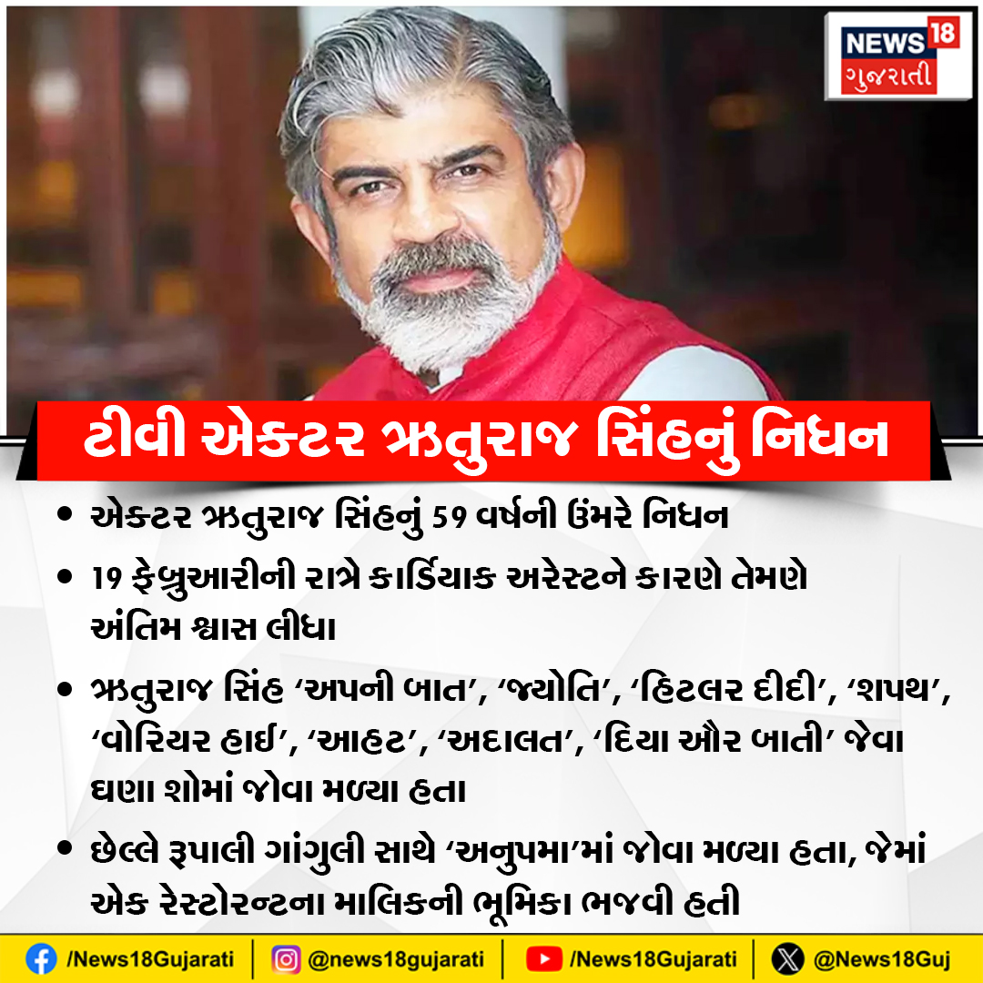 News18Guj's tweet image. ટીવી એક્ટર ઋતુરાજ સિંહનું નિધન

#riturajsinh #tvactor #tvserial #News18Gujarati