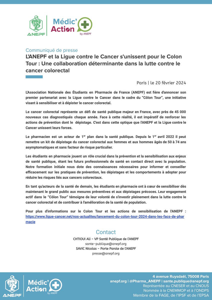Pharma_ANEPF's tweet photo. 📣 Annonce ! @laliguecancer et l'ANEPF unissent leurs forces pour une collaboration inédite lors du #ColonTour! 🌟 Cette union marque une première dans notre engagement commun pour la promotion de la prévention dont le dépistage du cancer colorectal.
⬇️⬇️ https://t.co/hfrSvhTNLJ