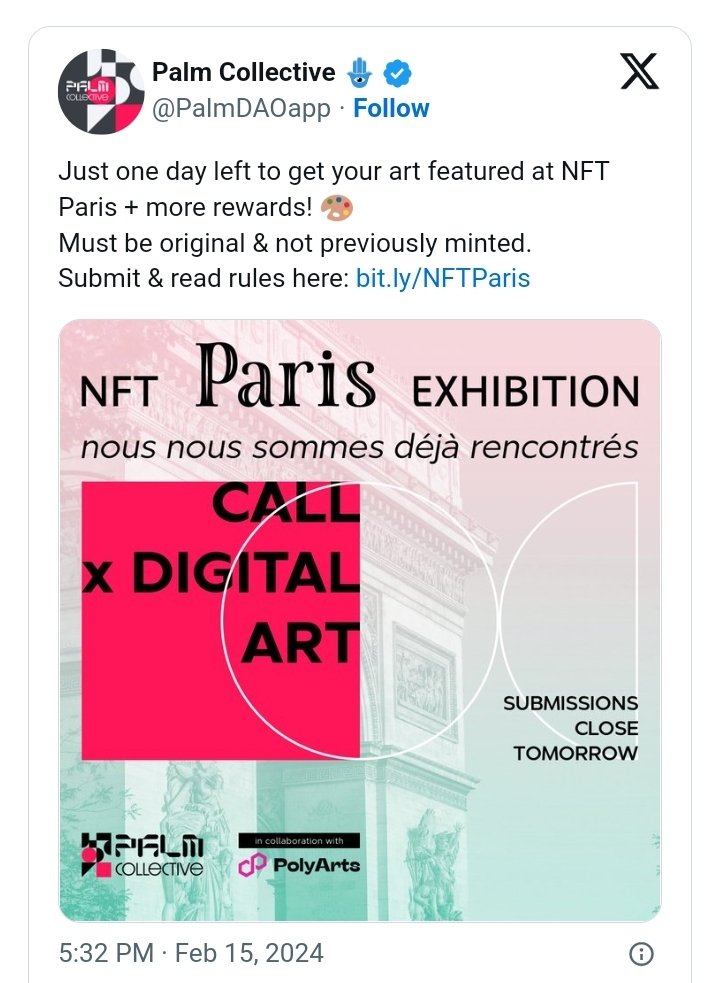 Soheil_SBabaei's tweet photo. #PalmCollective has revealed a competition that allows artists to exhibit their creations at the upcoming #NFT Paris event.
#NFTs 
In collaboration with #PolygonLabs,PalmCollective is set to reward the top3 artists through the #PolyArts Community contest titled Call x DigitalArt. https://t.co/RlDC0XtOEi