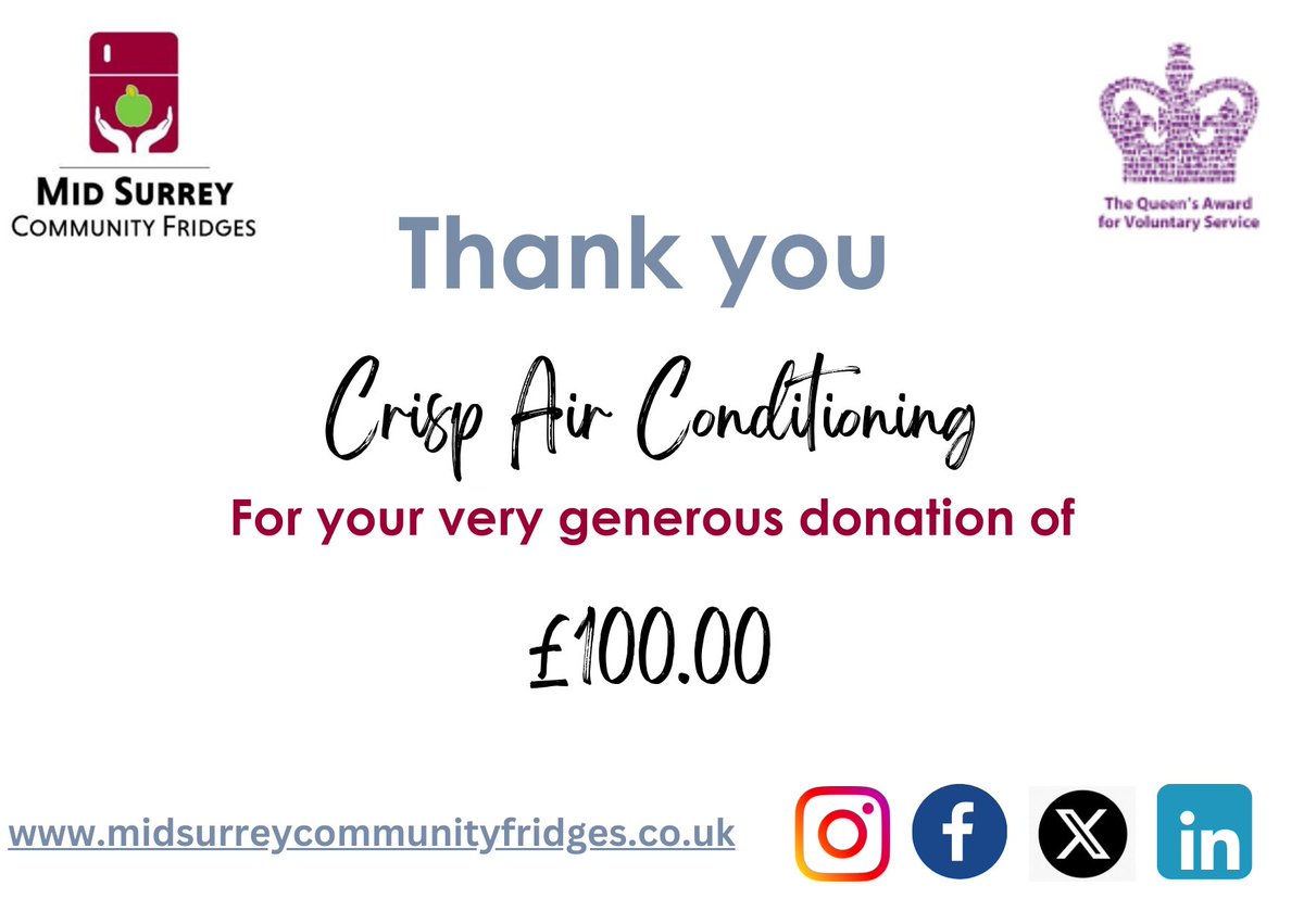 Thanks to the team at Crisp Air for their wonderful donation. This will help to feed 10 families in our community.

crispac.co.uk