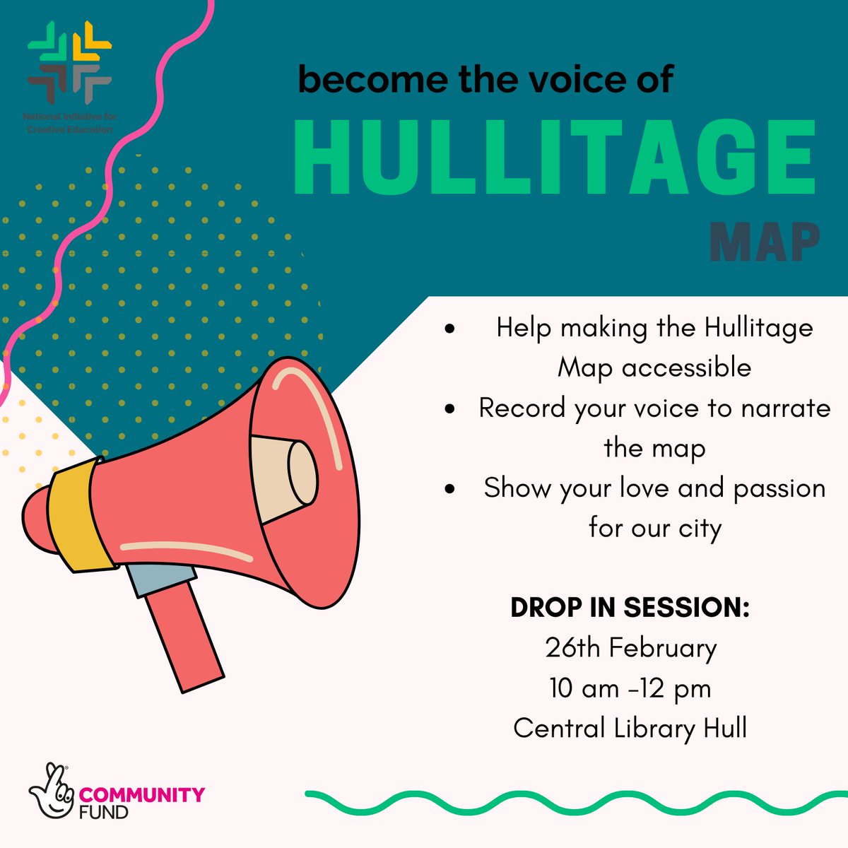 NationalInitia3's tweet image. 📢📢📢 BECOME THE VOICE OF #HULL
The first drop in session for the map recordings will take place on Monday 26th February in Hull Central Library @hull_libraries
Read a passage from the map
Help to make the map #accessible
Show your love and passion for Hull's history
@TNLComFund