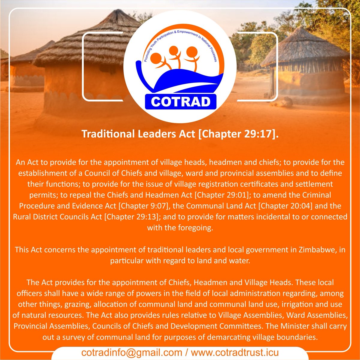 This Act concerns the appointment of traditional leaders and local government in Zimbabwe, in particular with regard to land and water. @ZivaVoters @LeahMatavire @zivanaimuzorodz @NhimbeFM @Brightonramusi @WalpeAcademy @MACRADTrust @y