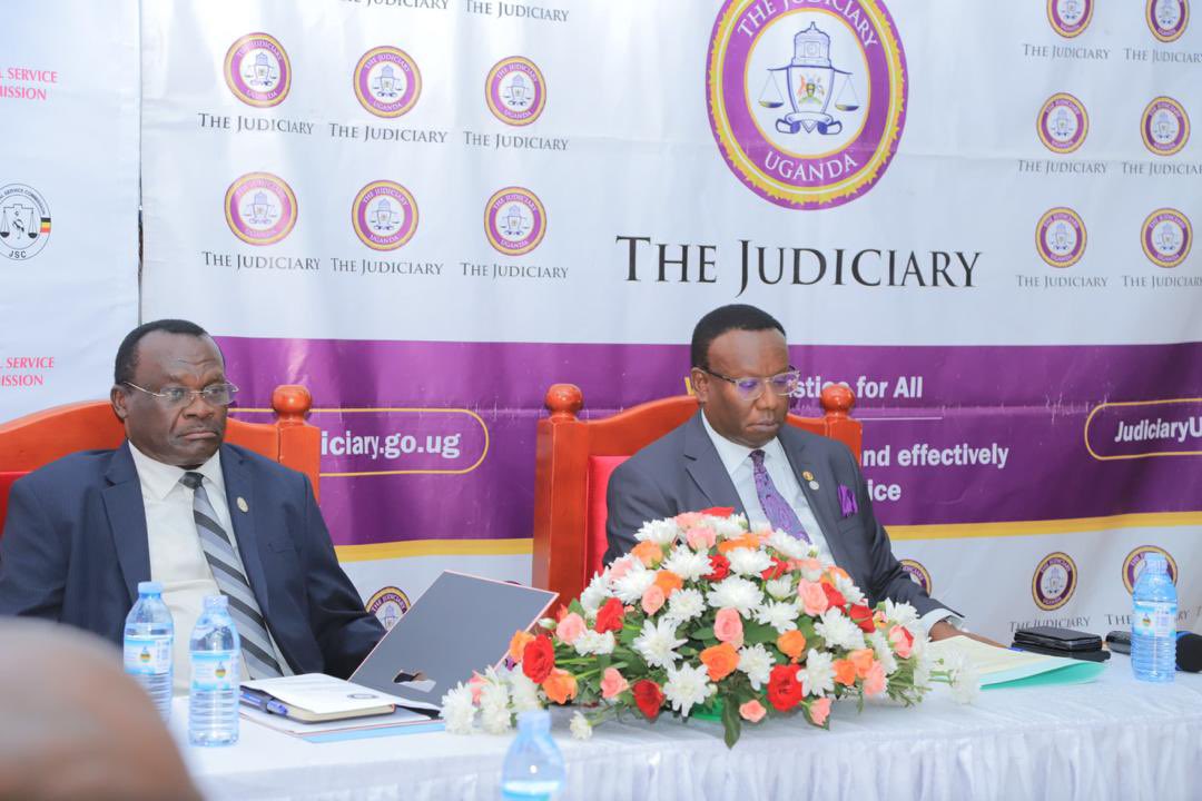 JudiciaryUG's tweet photo. Happening Now:The Chief Justice, Alfonse Chigamoy Owiny - Dollo is presiding over the swearing in ceremony of Supreme Court Justice, Lady Justice Elizabeth Musoke as a member of the Judicial Service Commission at the Judiciary Headquarters.

The ceremony is being witnessed by the Chairperson of the Judicial Service Commission, Justice Benjamin Kabito and the Chief Registrar HW Sarah Langa Siu and Judiciary Commissioner Human Resource Commissioner, Ms Apophia N. Tumwine.

Also present are the Commission's Permanent Secretary, Dr Rose Nassali Lukwago, Commissioners; Ms Ruth Sebatindira, Ms Norah Matovu Muwanika, Mr Johnson Bitarabeho, Mr Jimmy Okello and Mr Lubega Wagwa Badru.

Lady Justice Musoke was appointed by the President as a representative of the Judiciary on the Commission. She replaces the Late Lady Justice Stella Arach Amoko, who represented the Judiciary on the Commission. 

The Judicial Service Commission is a Constitutional body established under Article 146 of the Constitution of the Republic of Uganda, 1995, whose mandate is to recruit judicial officers and regulate their conduct.

The Commission is composed of nine members with powers to facilitate improving the efficiency and effectiveness of Justice administration in the country.

The ceremony is being moderated by the Judiciary Public Relations Officer, HW James Ereemye Jumire Mawanda.