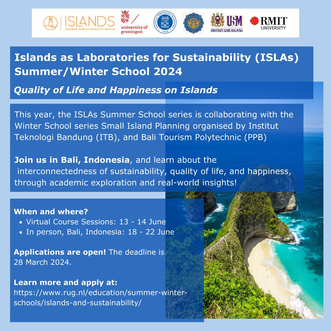 📣 Applications for the Islands as Laboratories for Sustainability (ISLAs) Summer/Winter School 2024 are now open! 🏝️📚
Learn more and apply at: rug.nl/education/summ…