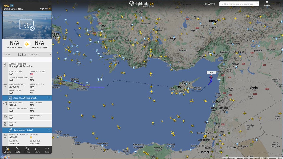 AIYeyENGDdJkjTr's tweet photo. Feb. 20, 2024
#Souda Bay NSA #Mediterranean Sea #Lebanon-Syria offshore
#NoCALLSIGN #AE6898 USN P-8A Poseidon https://t.co/76U4xrlSGP